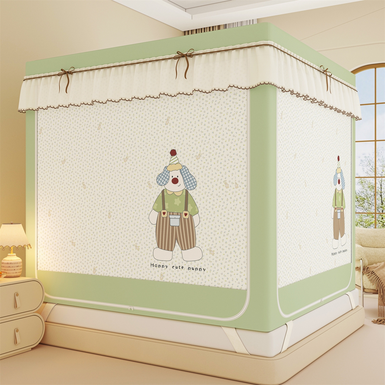 91家纺网 家纺一手货源 找家纺 艾晶美家纺有限公司 2025新款大版花卡通家用坐式遮光床帘蚊帐 帅气狗