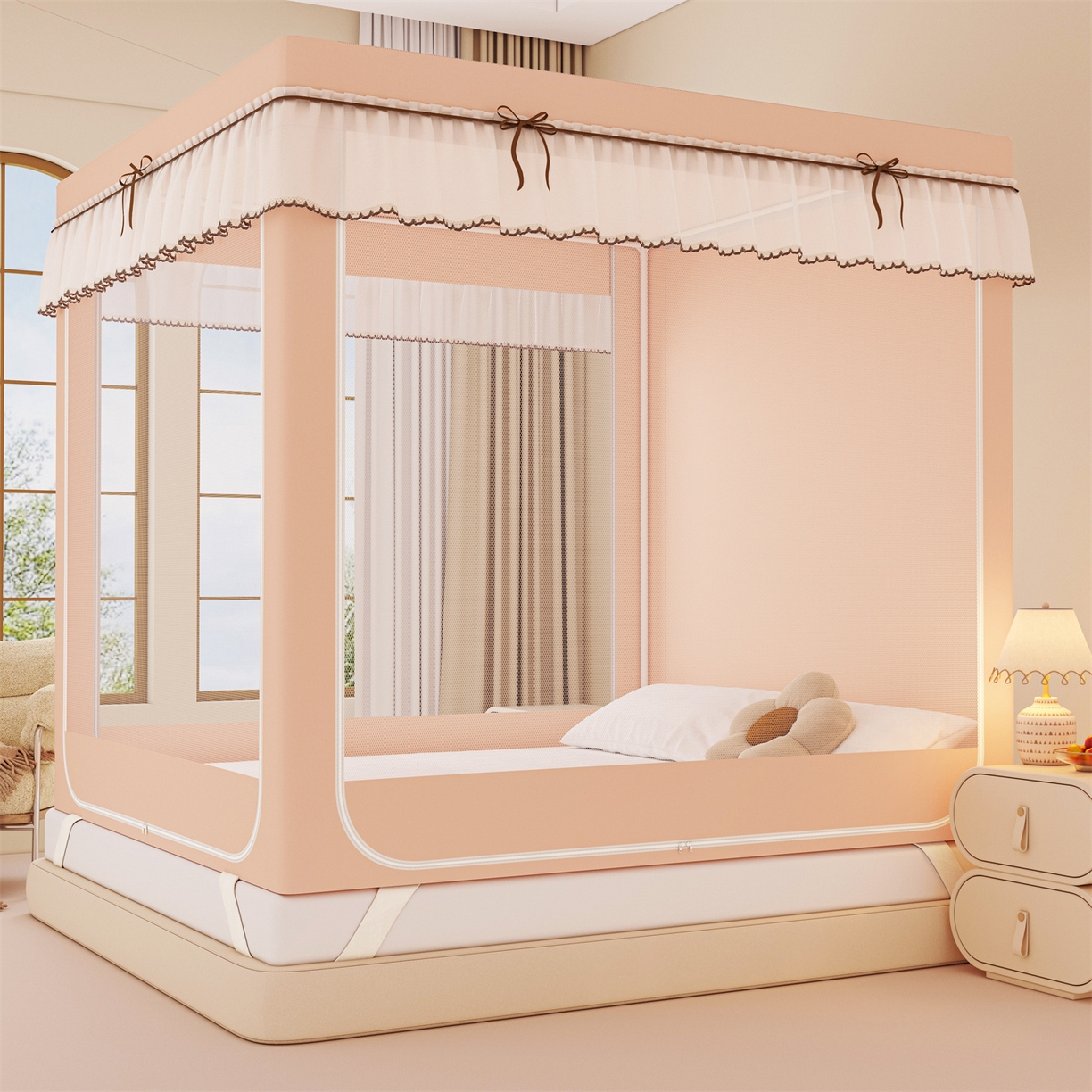 91家纺网 家纺一手货源 找家纺 艾晶美家纺有限公司 2025新款大版花卡通家用坐式遮光床帘蚊帐 萌萌兔