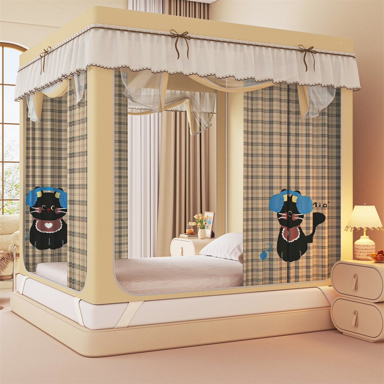 91家纺网 家纺一手货源 找家纺 艾晶美家纺有限公司 2025新款大版花卡通家用坐式遮光床帘蚊帐 音乐猫