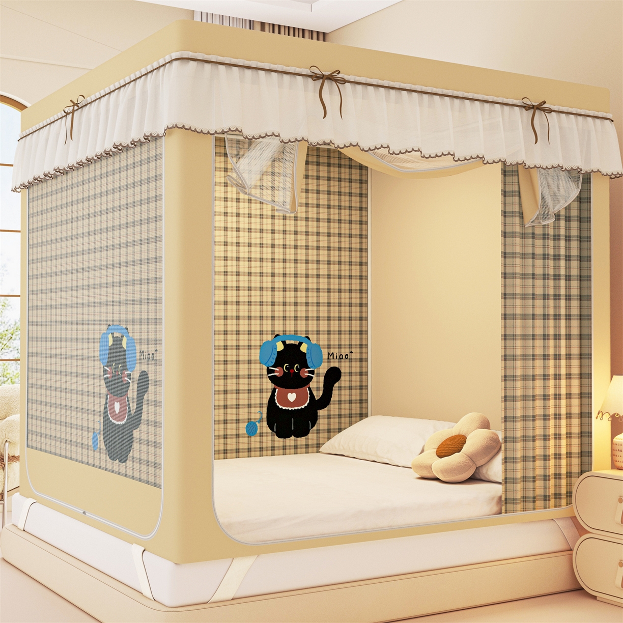 艾晶美家纺有限公司 2025新款大版花卡通家用坐式遮光床帘蚊帐 音乐猫