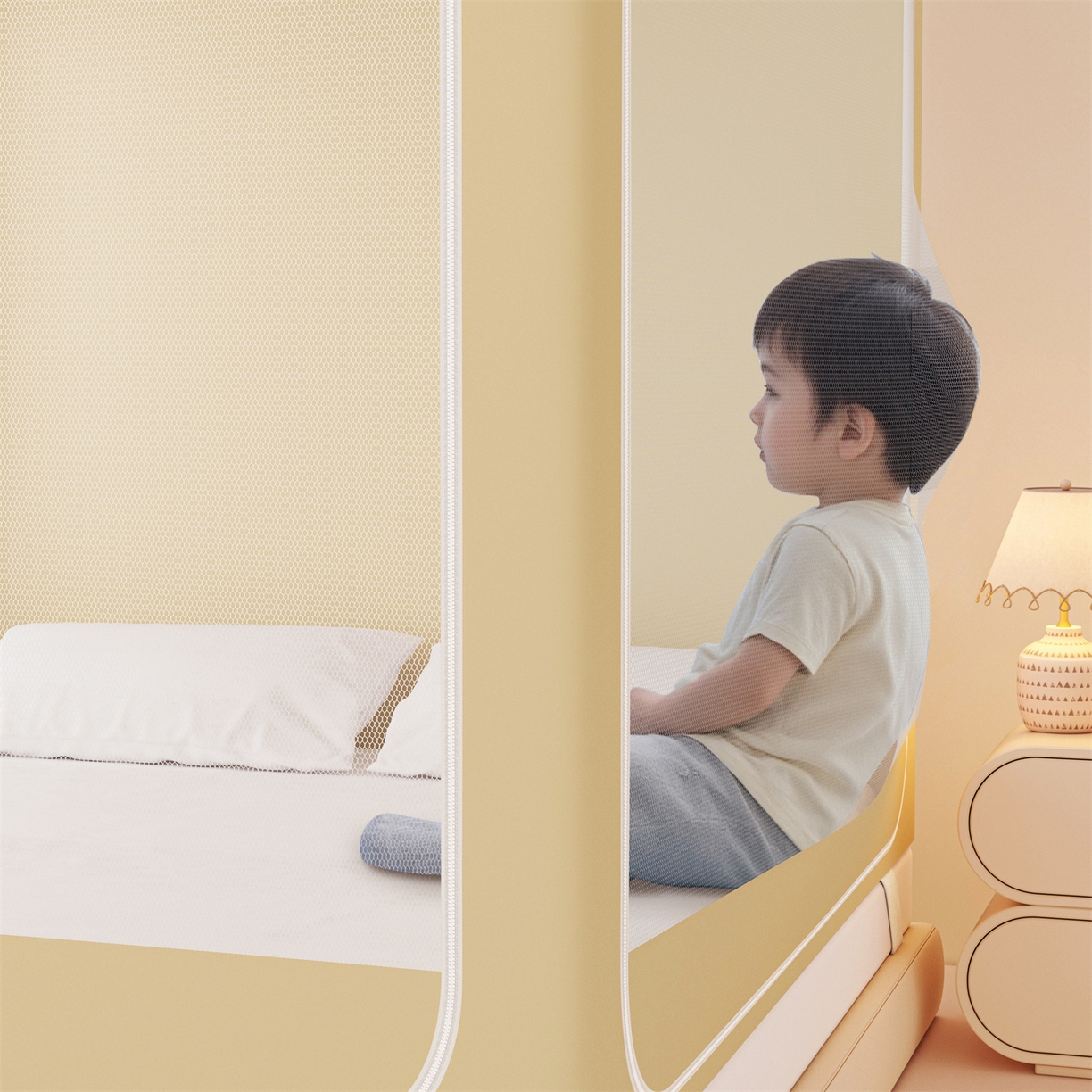 91家纺网 家纺一手货源 找家纺 艾晶美家纺有限公司 2025新款大版花卡通家用坐式遮光床帘蚊帐 音乐猫