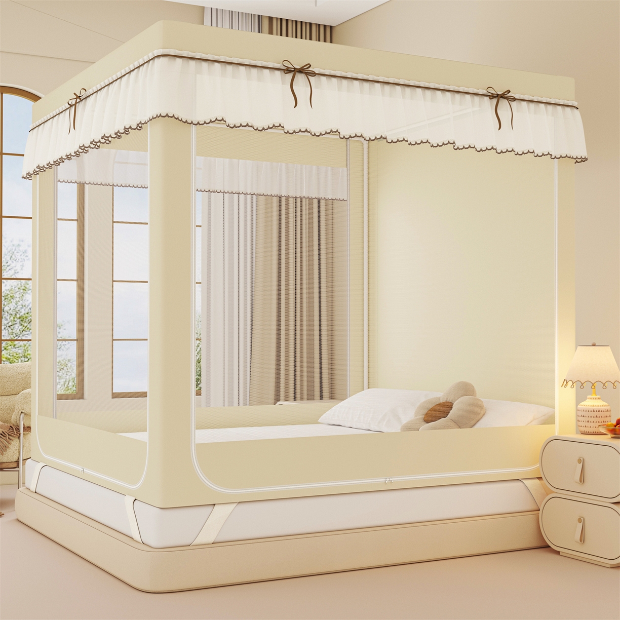 91家纺网 家纺一手货源 找家纺 艾晶美家纺有限公司 2025新款大版花卡通家用坐式遮光床帘蚊帐 欢乐熊