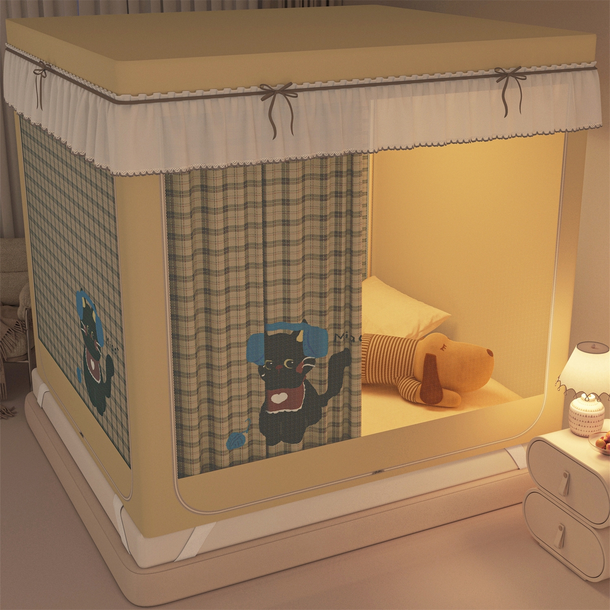 91家纺网 家纺一手货源 找家纺 艾晶美家纺有限公司 2025新款大版花卡通家用坐式遮光床帘蚊帐 音乐猫