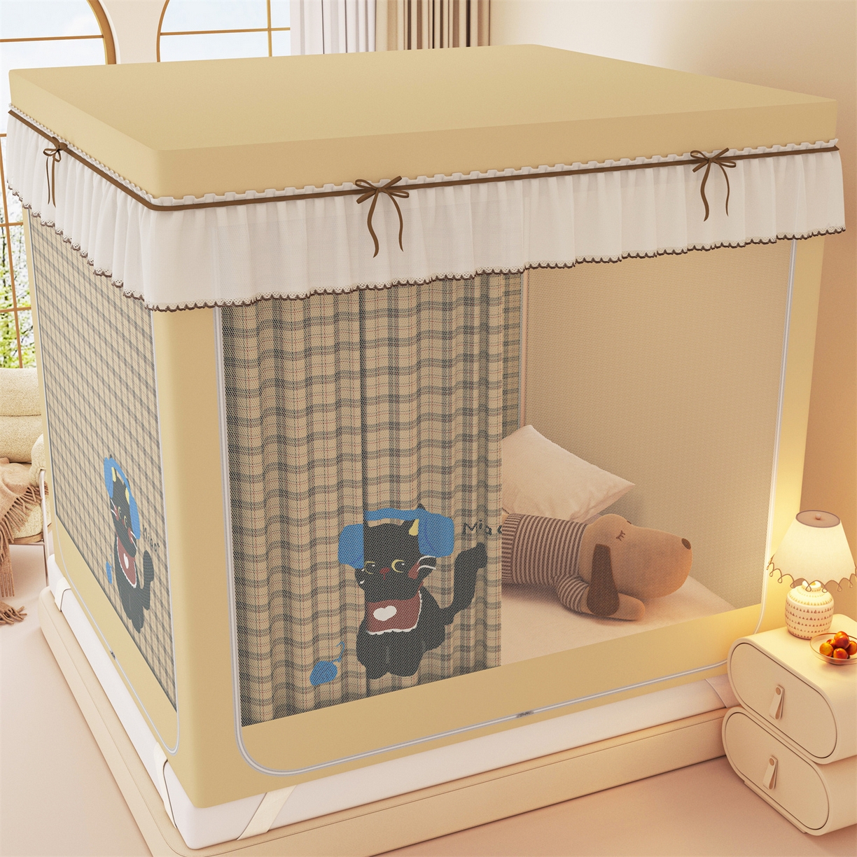 91家纺网 家纺一手货源 找家纺 艾晶美家纺有限公司 2025新款大版花卡通家用坐式遮光床帘蚊帐 音乐猫