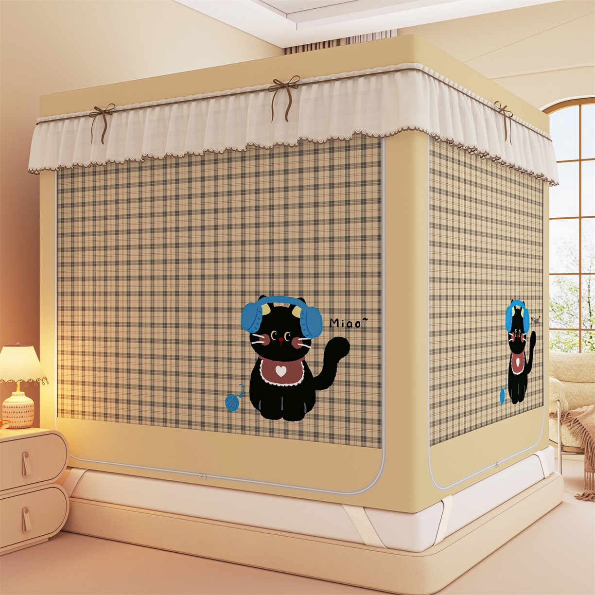 91家纺网 家纺一手货源 找家纺 艾晶美家纺有限公司 2025新款大版花卡通家用坐式遮光床帘蚊帐 音乐猫