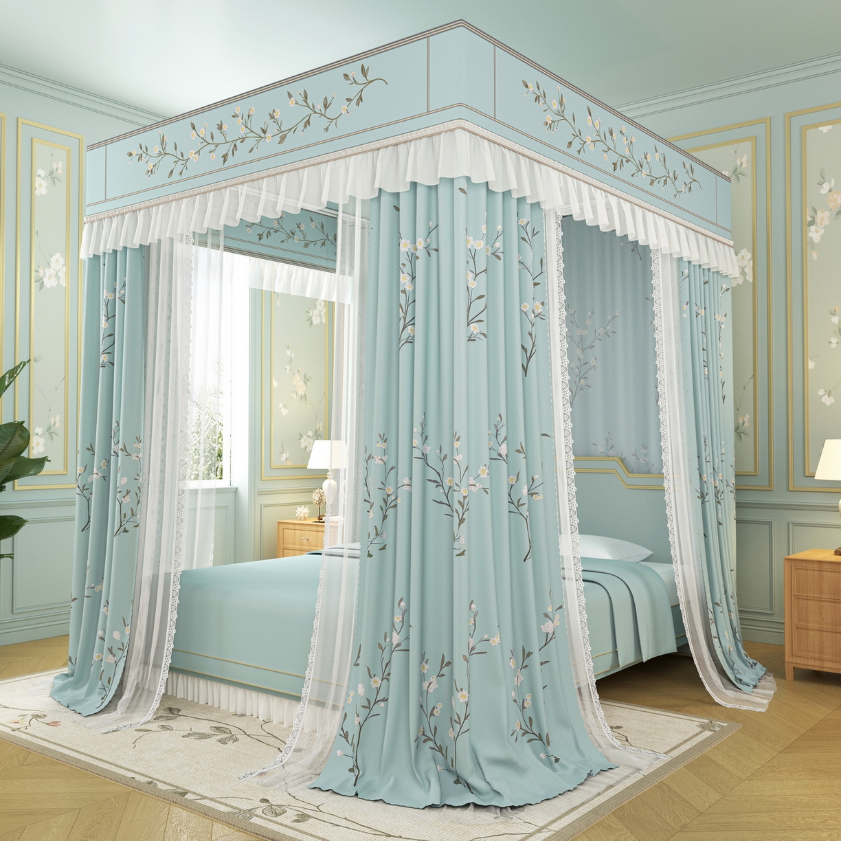 91家纺网 家纺一手货源 找家纺 艾晶美家纺有限公司 2025新款新中风双层双杆5面遮光落地宫廷蚊帐 兰枝映月