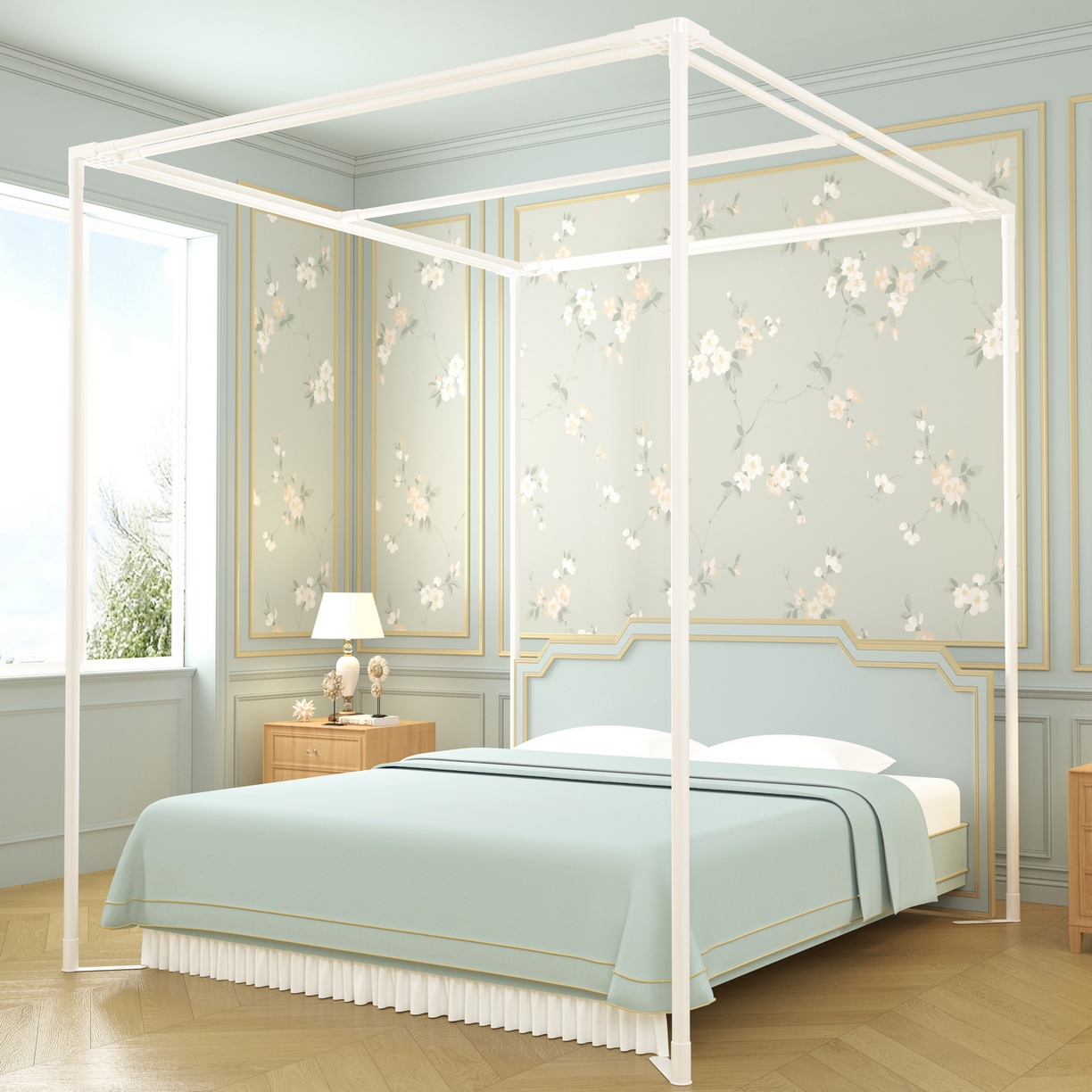 91家纺网 家纺一手货源 找家纺 艾晶美家纺有限公司 2025新款新中风双层双杆5面遮光落地宫廷蚊帐 兰枝映月