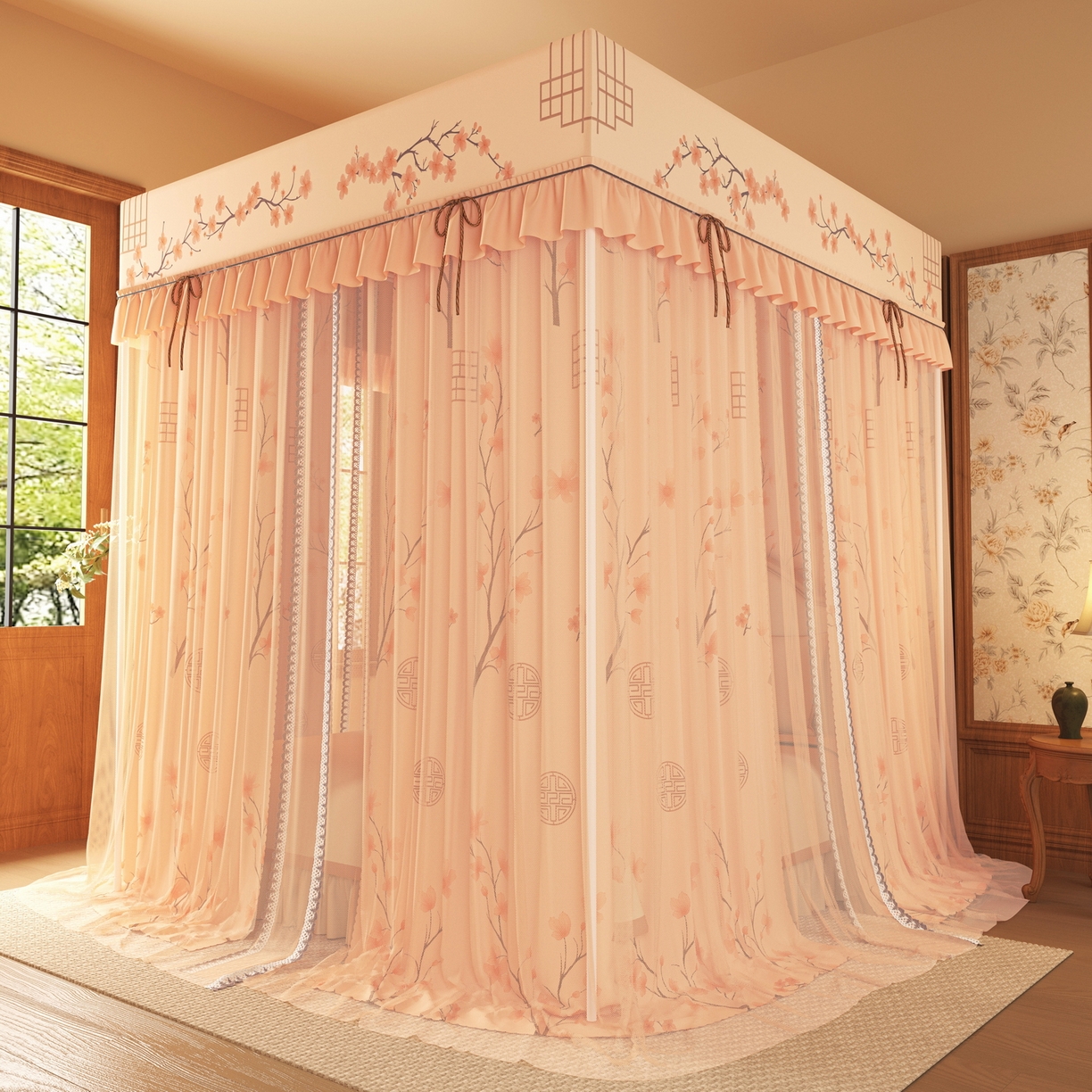 91家纺网 家纺一手货源 找家纺 （总）艾晶美家纺有限公司 2025新款新中风双层双杆5面遮光落地宫廷蚊帐