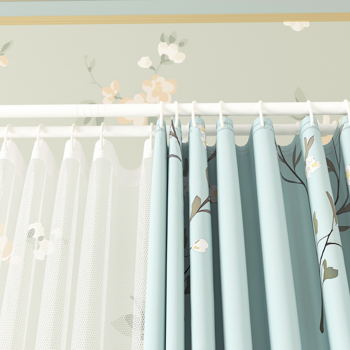 91家纺网 家纺一手货源 找家纺 艾晶美家纺有限公司 2025新款新中风双层双杆5面遮光落地宫廷蚊帐 兰枝映月