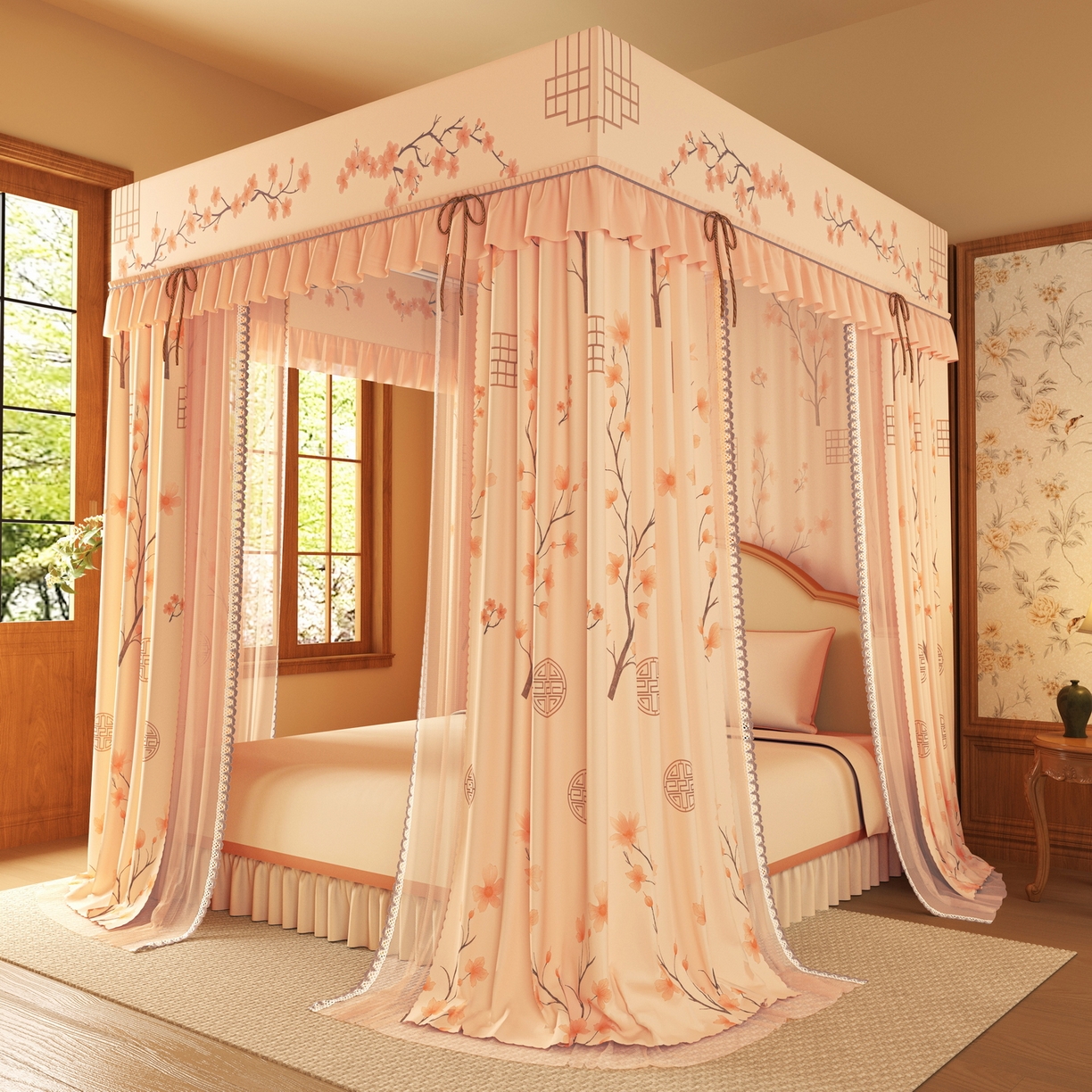 91家纺网 家纺一手货源 找家纺 艾晶美家纺有限公司 2025新款新中风双层双杆5面遮光落地宫廷蚊帐 粉枝花影