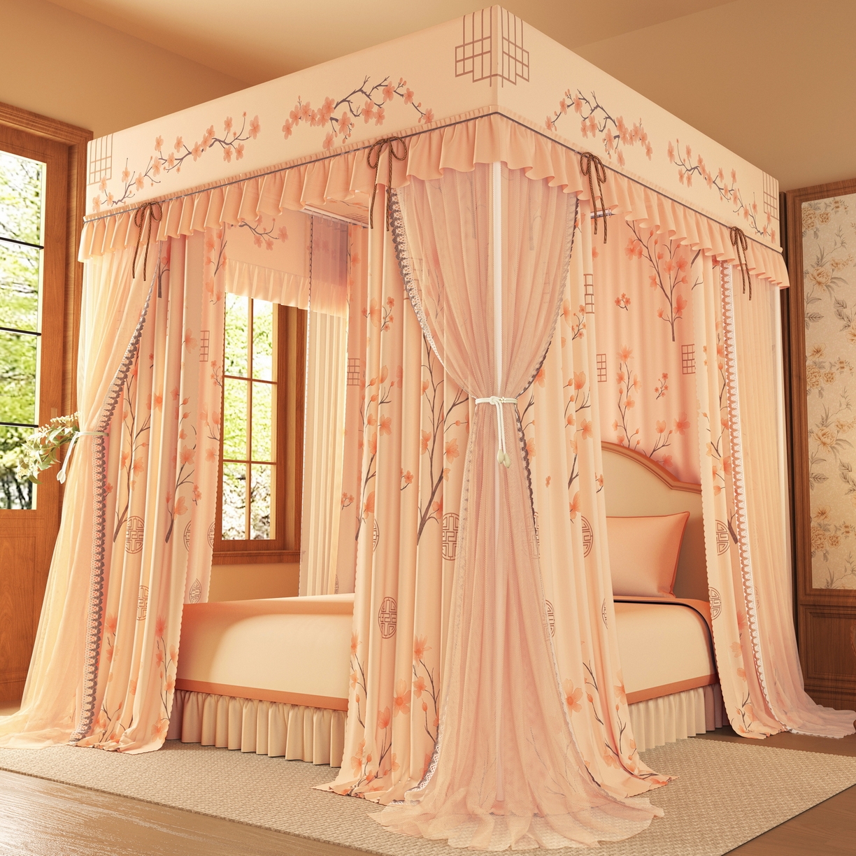 91家纺网 家纺一手货源 找家纺 （总）艾晶美家纺有限公司 2025新款新中风双层双杆5面遮光落地宫廷蚊帐