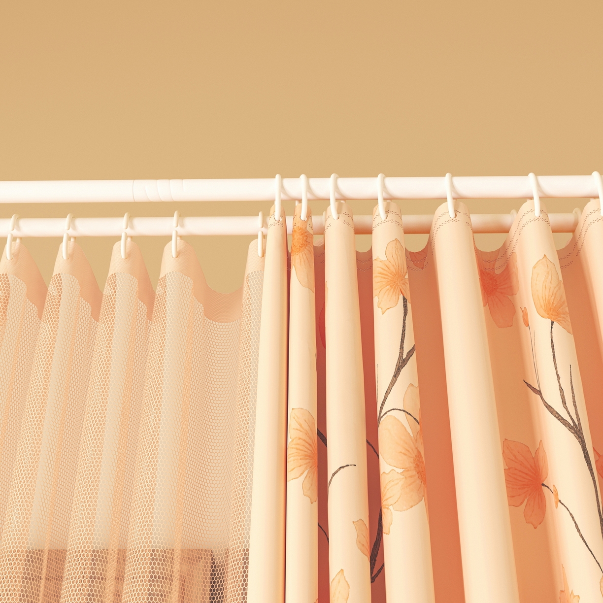 91家纺网 家纺一手货源 找家纺 艾晶美家纺有限公司 2025新款新中风双层双杆5面遮光落地宫廷蚊帐 粉枝花影