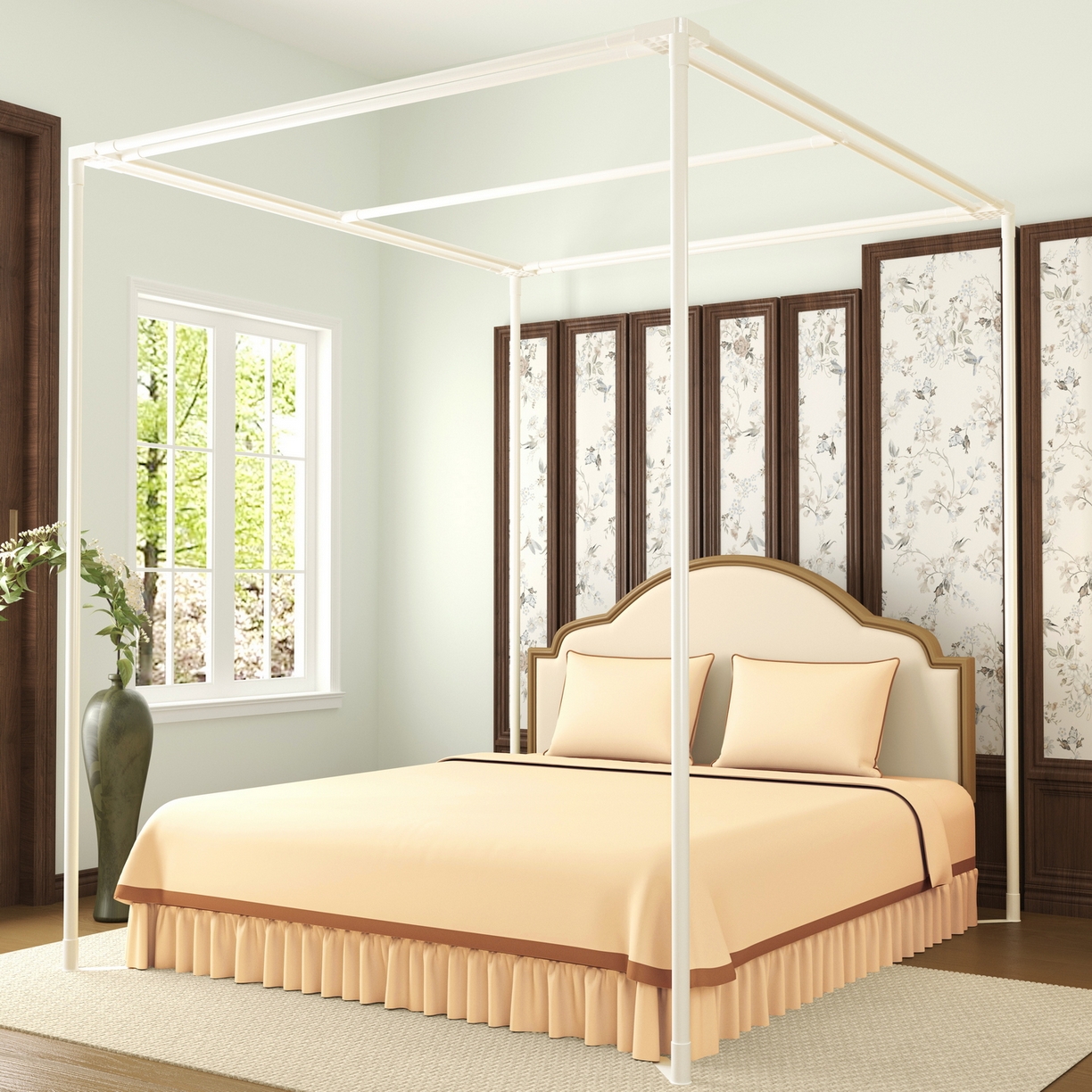 91家纺网 家纺一手货源 找家纺 艾晶美家纺有限公司 2025新款新中风双层双杆5面遮光落地宫廷蚊帐 寒梅映阁