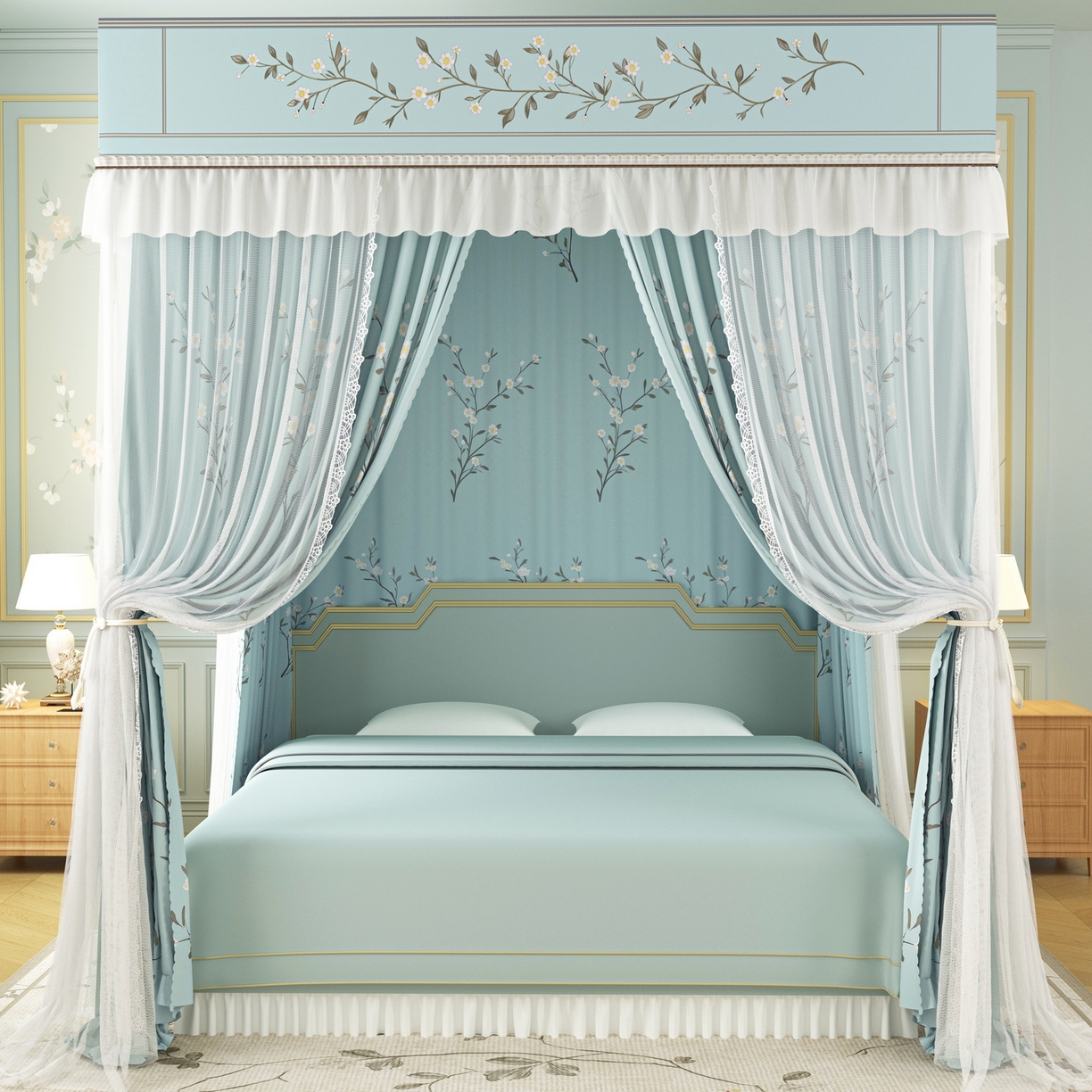 91家纺网 家纺一手货源 找家纺 艾晶美家纺有限公司 2025新款新中风双层双杆5面遮光落地宫廷蚊帐 兰枝映月