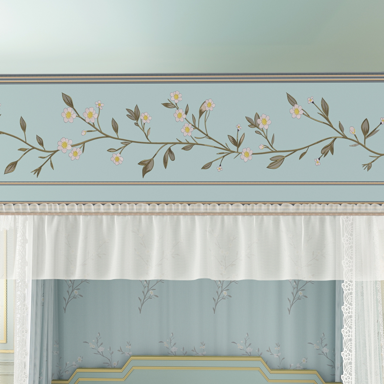 91家纺网 家纺一手货源 找家纺 艾晶美家纺有限公司 2025新款新中风双层双杆5面遮光落地宫廷蚊帐 兰枝映月