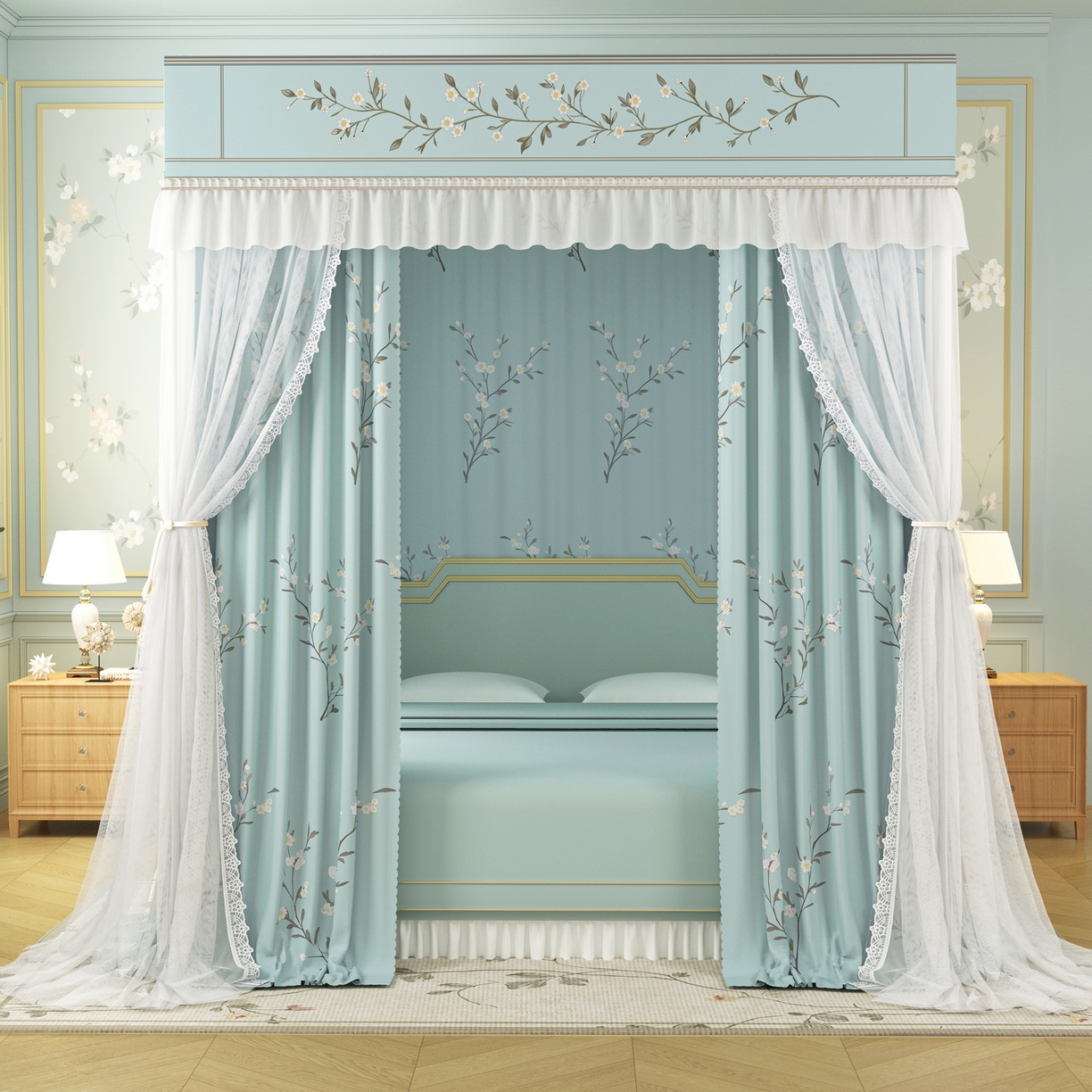 91家纺网 家纺一手货源 找家纺 艾晶美家纺有限公司 2025新款新中风双层双杆5面遮光落地宫廷蚊帐 兰枝映月