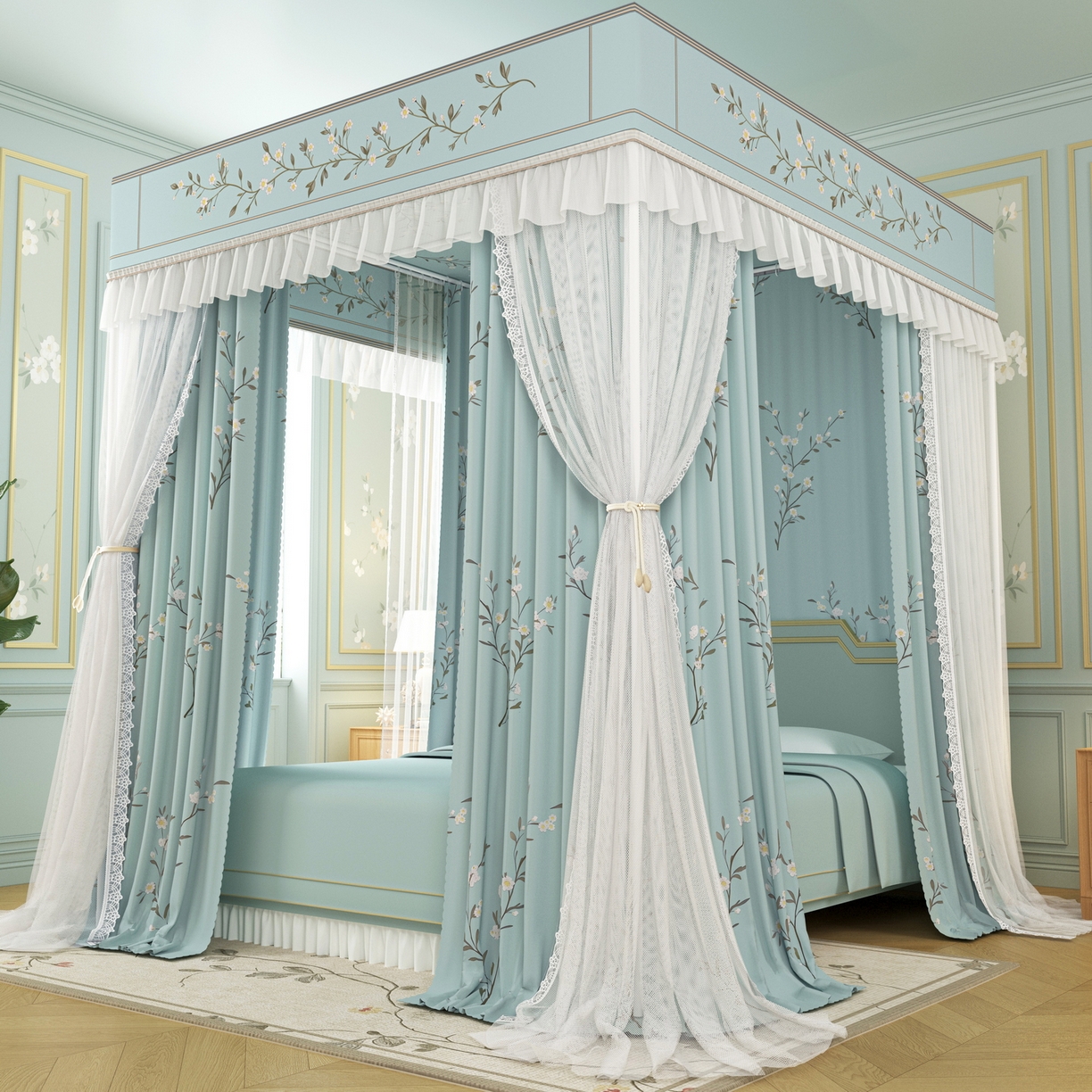 91家纺网 家纺一手货源 找家纺 艾晶美家纺有限公司 2025新款新中风双层双杆5面遮光落地宫廷蚊帐 兰枝映月