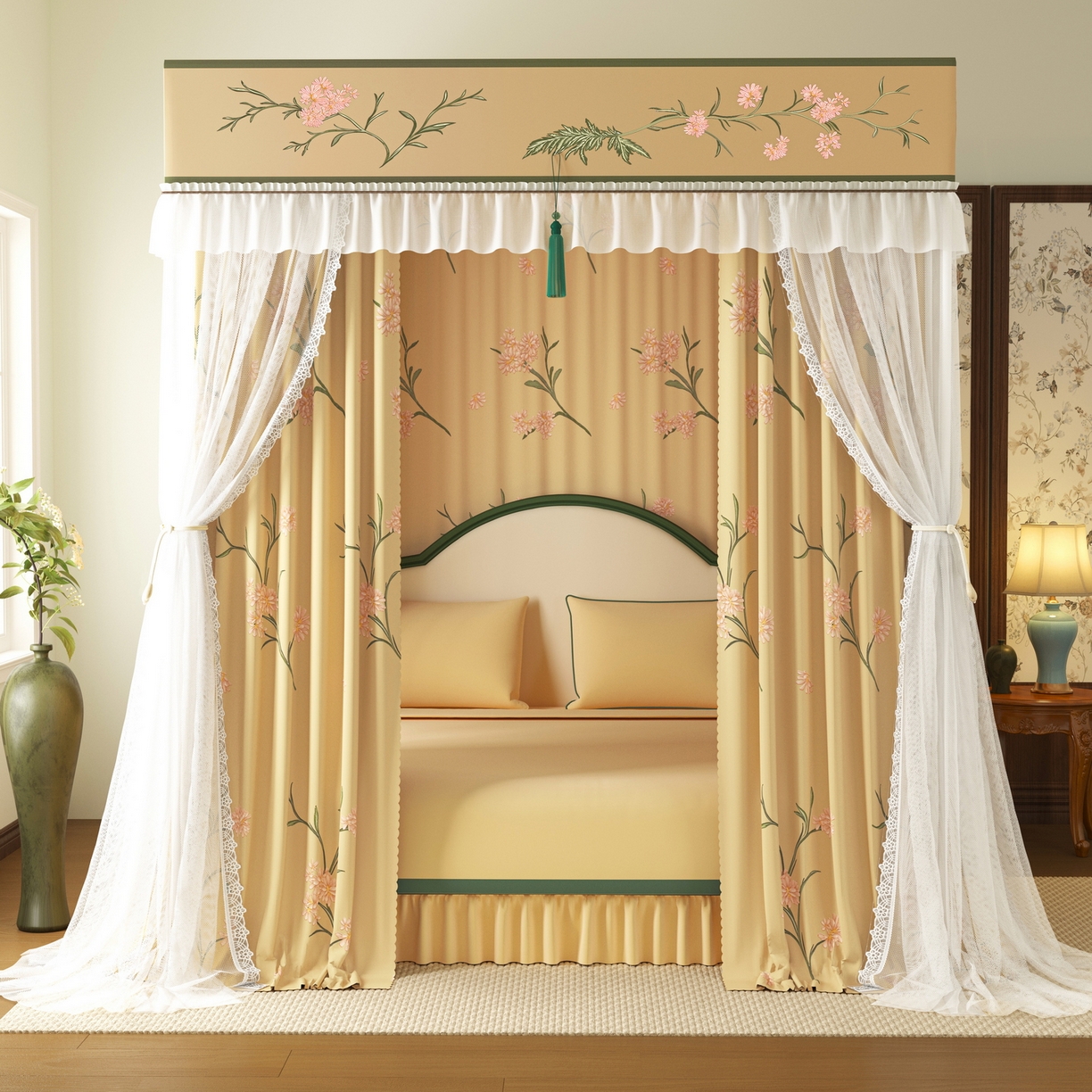 91家纺网 家纺一手货源 找家纺 艾晶美家纺有限公司 2025新款新中风双层双杆5面遮光落地宫廷蚊帐 云纱梦境