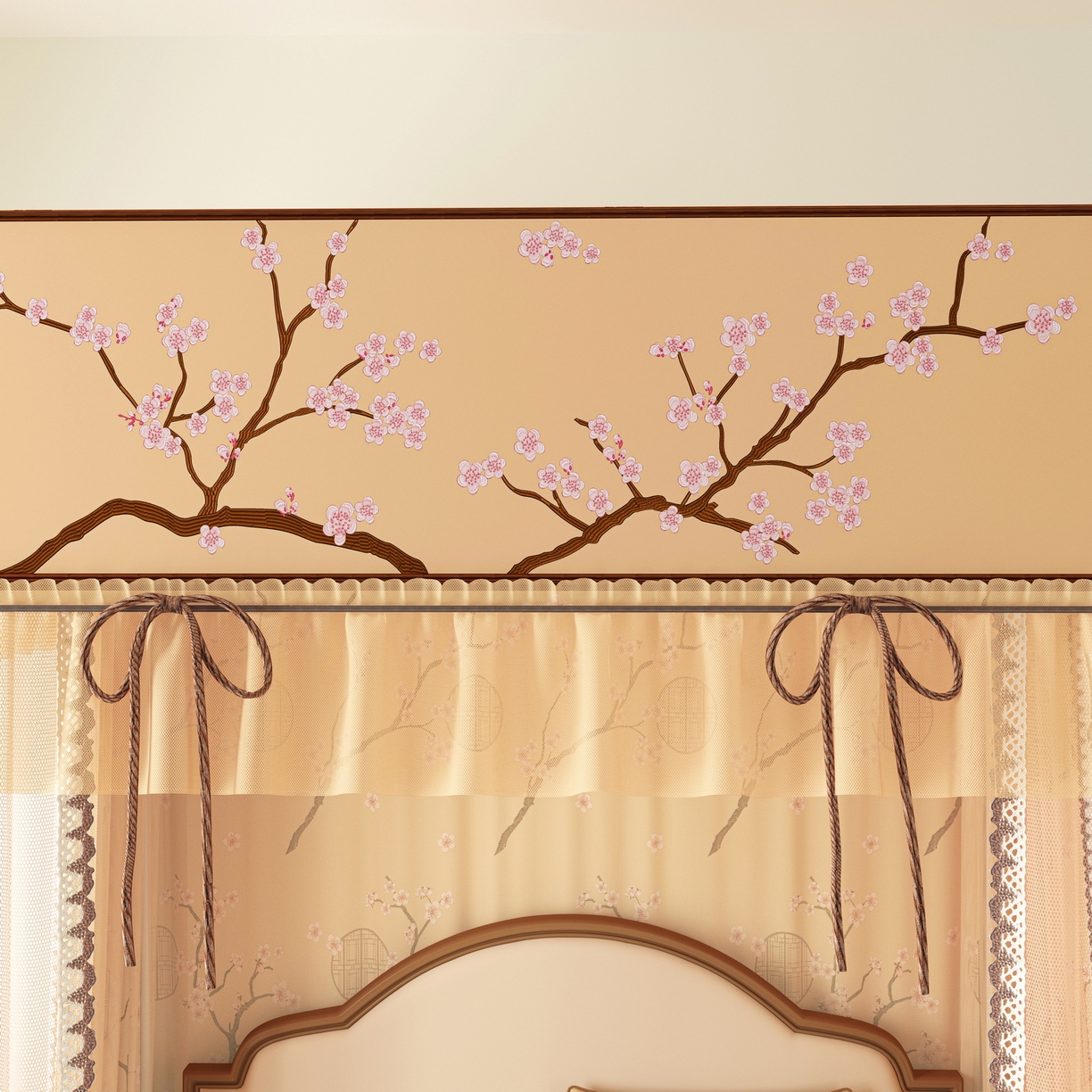 91家纺网 家纺一手货源 找家纺 艾晶美家纺有限公司 2025新款新中风双层双杆5面遮光落地宫廷蚊帐 寒梅映阁