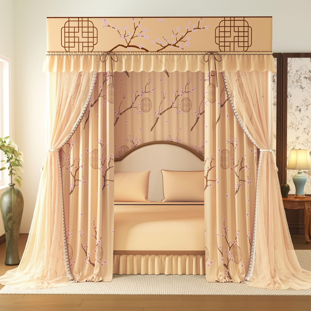 91家纺网 家纺一手货源 找家纺 艾晶美家纺有限公司 2025新款新中风双层双杆5面遮光落地宫廷蚊帐 寒梅映阁