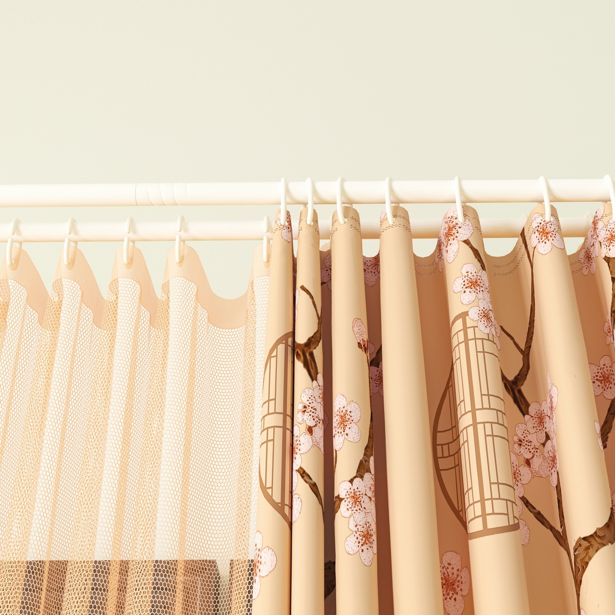 91家纺网 家纺一手货源 找家纺 艾晶美家纺有限公司 2025新款新中风双层双杆5面遮光落地宫廷蚊帐 寒梅映阁