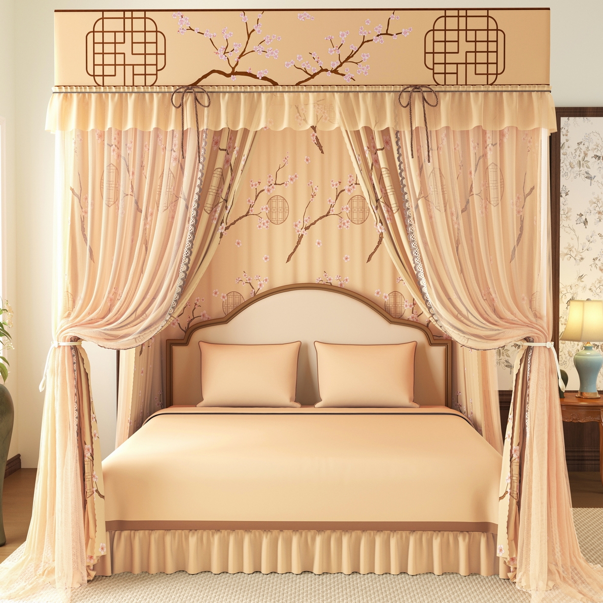 91家纺网 家纺一手货源 找家纺 艾晶美家纺有限公司 2025新款新中风双层双杆5面遮光落地宫廷蚊帐 寒梅映阁