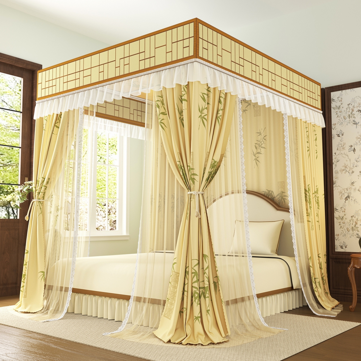 91家纺网 家纺一手货源 找家纺 艾晶美家纺有限公司 2025新款新中风双层双杆5面遮光落地宫廷蚊帐 竹韵绕阁