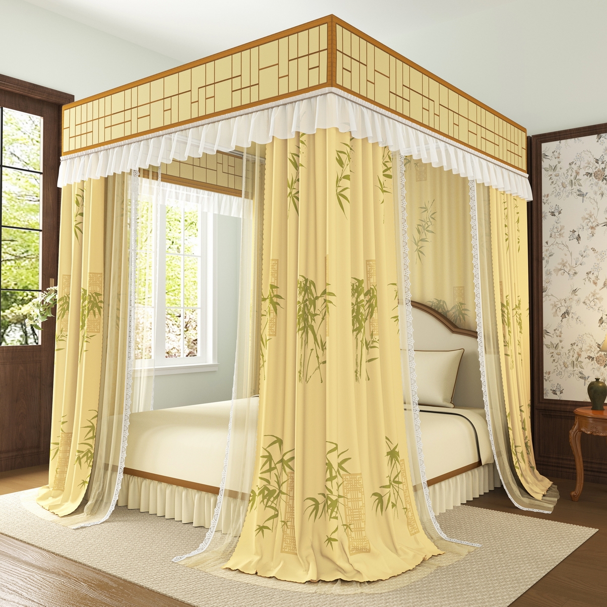 艾晶美家纺有限公司 2025新款新中风双层双杆5面遮光落地宫廷蚊帐 竹韵绕阁