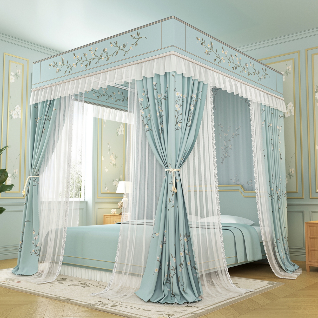 91家纺网 家纺一手货源 找家纺 艾晶美家纺有限公司 2025新款新中风双层双杆5面遮光落地宫廷蚊帐 兰枝映月