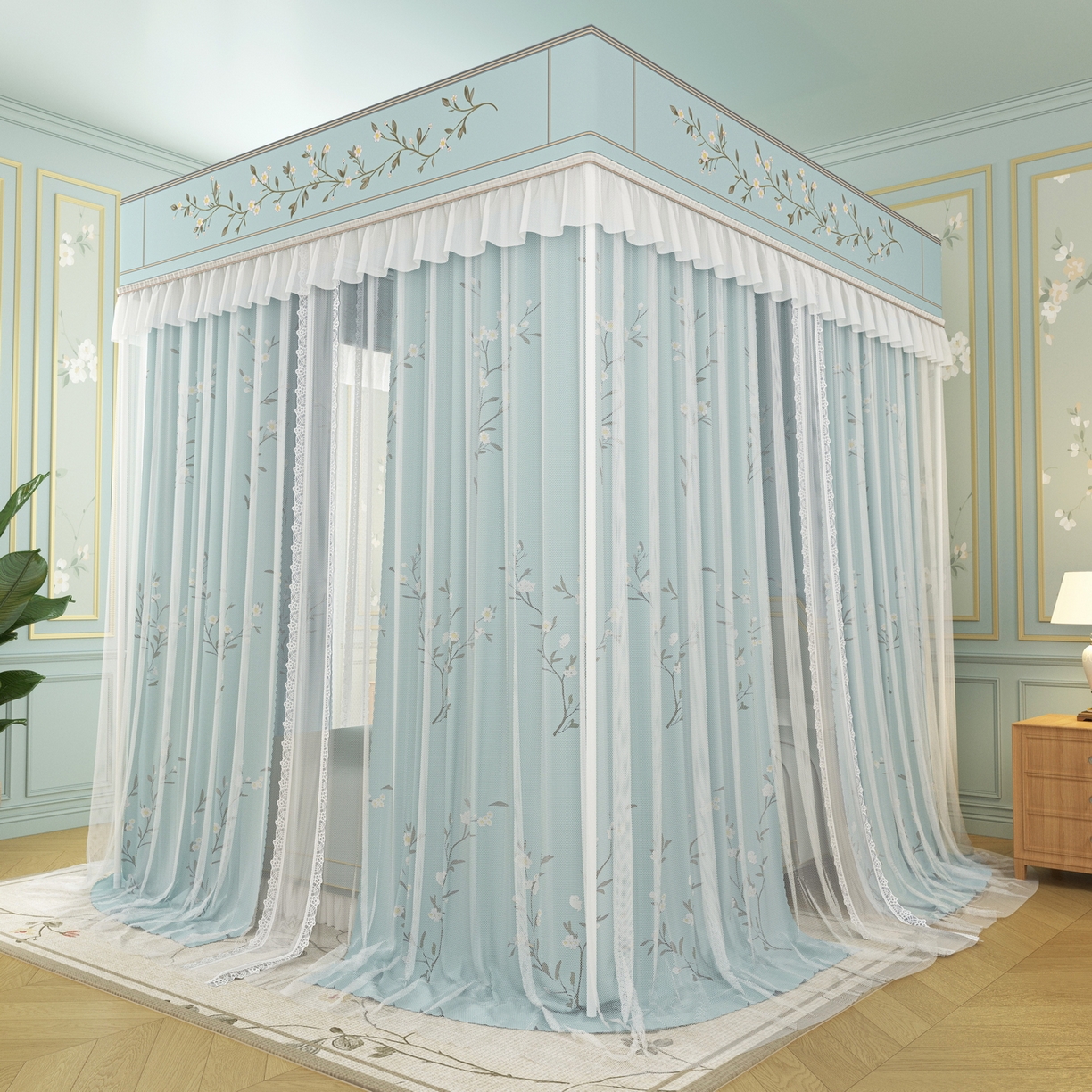 91家纺网 家纺一手货源 找家纺 艾晶美家纺有限公司 2025新款新中风双层双杆5面遮光落地宫廷蚊帐 兰枝映月