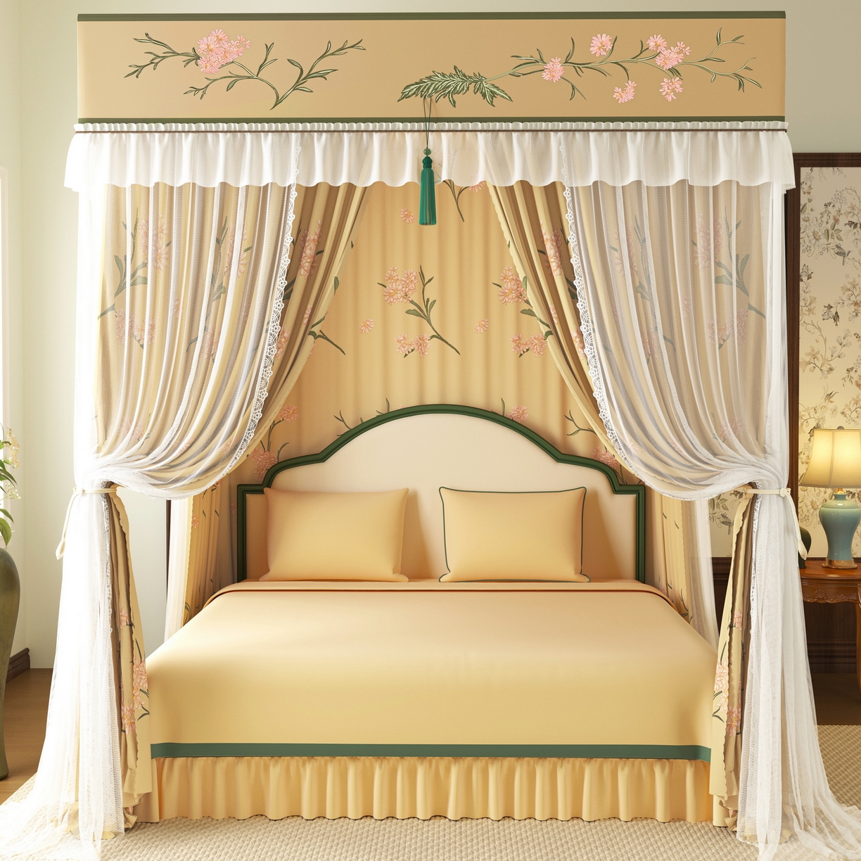 91家纺网 家纺一手货源 找家纺 艾晶美家纺有限公司 2025新款新中风双层双杆5面遮光落地宫廷蚊帐 云纱梦境