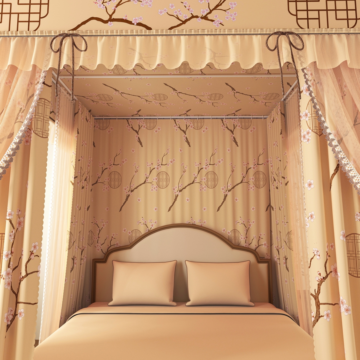 91家纺网 家纺一手货源 找家纺 艾晶美家纺有限公司 2025新款新中风双层双杆5面遮光落地宫廷蚊帐 寒梅映阁