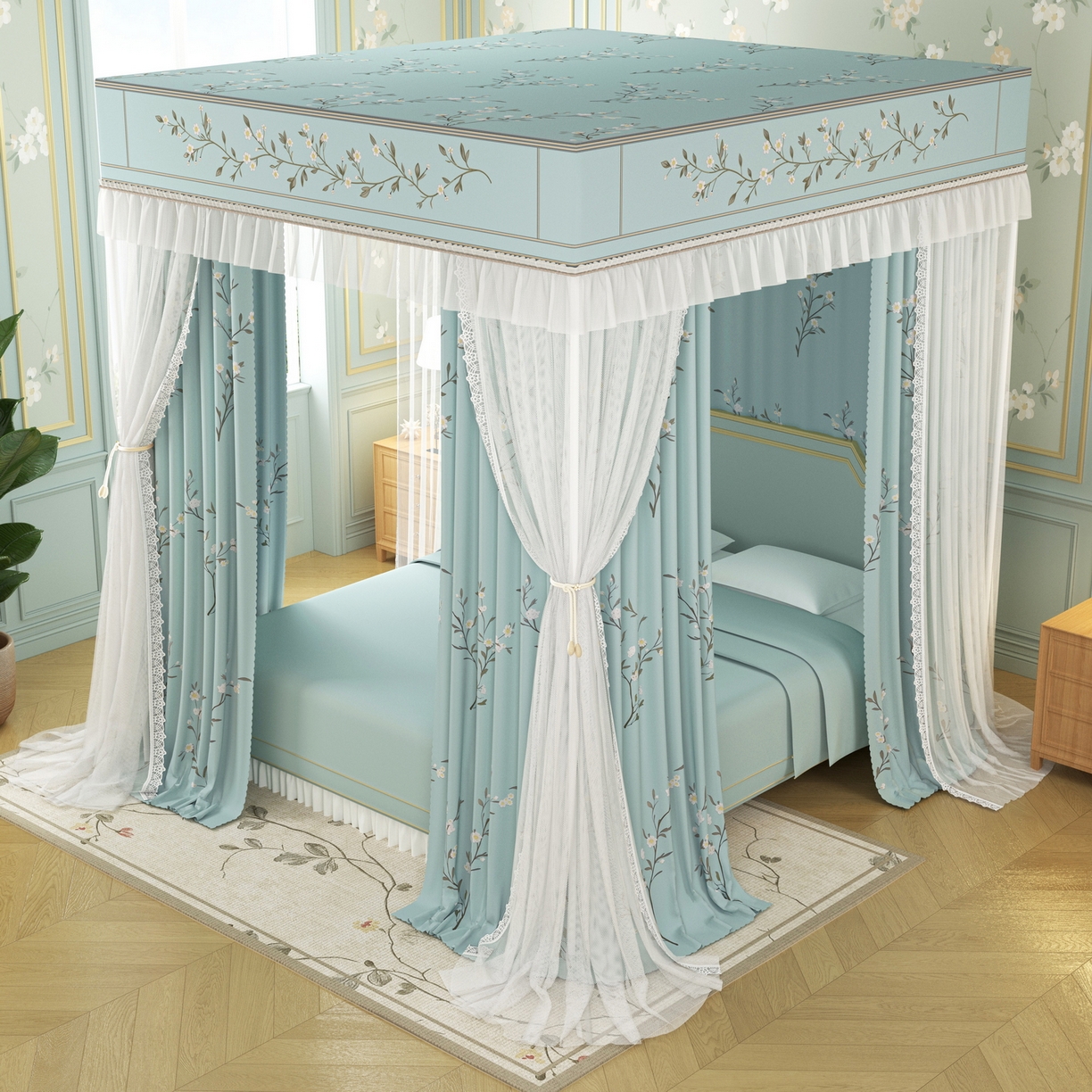 91家纺网 家纺一手货源 找家纺 艾晶美家纺有限公司 2025新款新中风双层双杆5面遮光落地宫廷蚊帐 兰枝映月