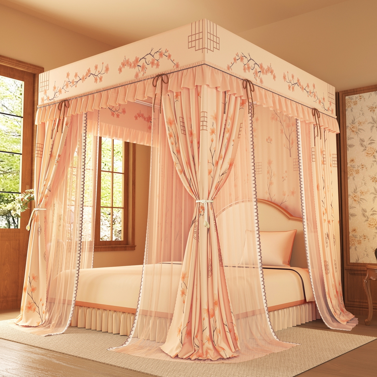 91家纺网 家纺一手货源 找家纺 艾晶美家纺有限公司 2025新款新中风双层双杆5面遮光落地宫廷蚊帐 粉枝花影