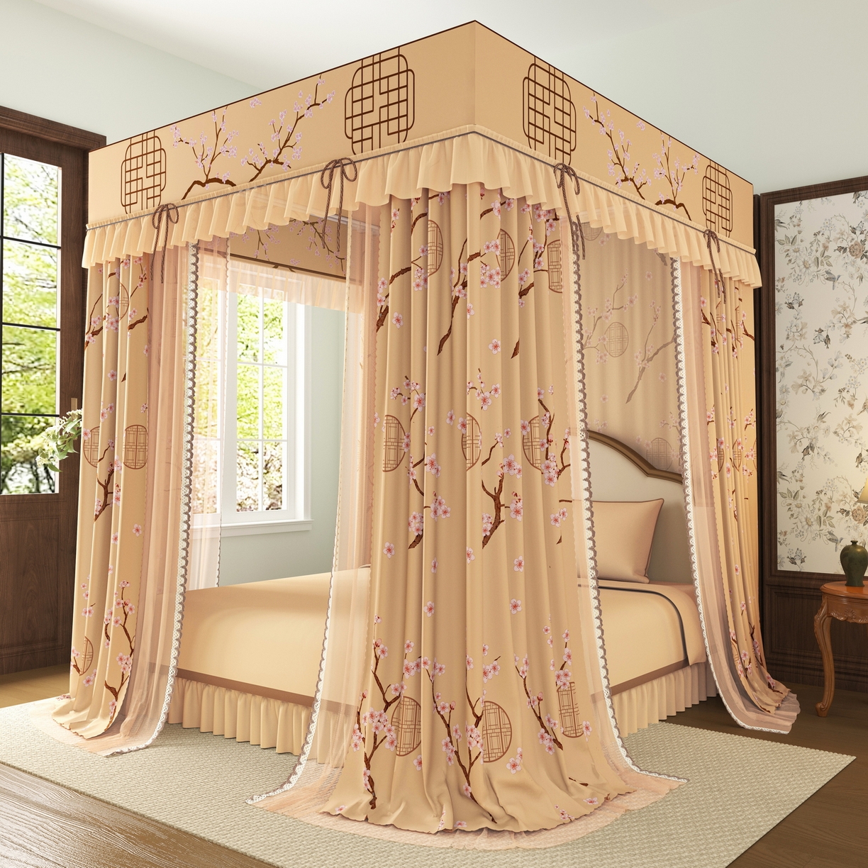 艾晶美家纺有限公司 2025新款新中风双层双杆5面遮光落地宫廷蚊帐 寒梅映阁