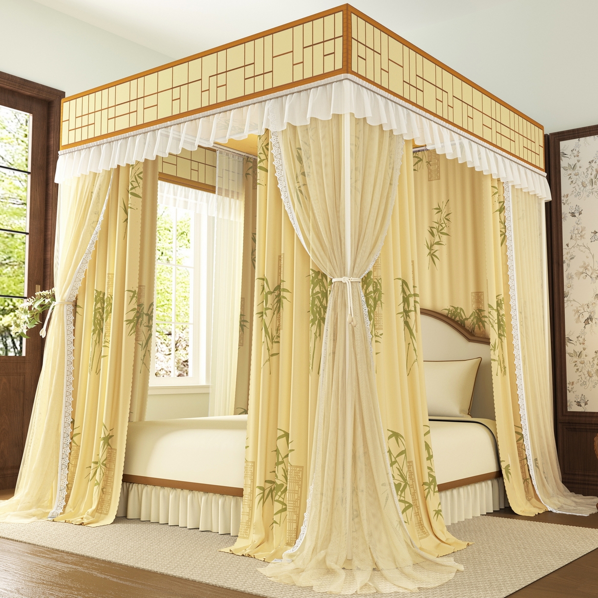 91家纺网 家纺一手货源 找家纺 艾晶美家纺有限公司 2025新款新中风双层双杆5面遮光落地宫廷蚊帐 竹韵绕阁