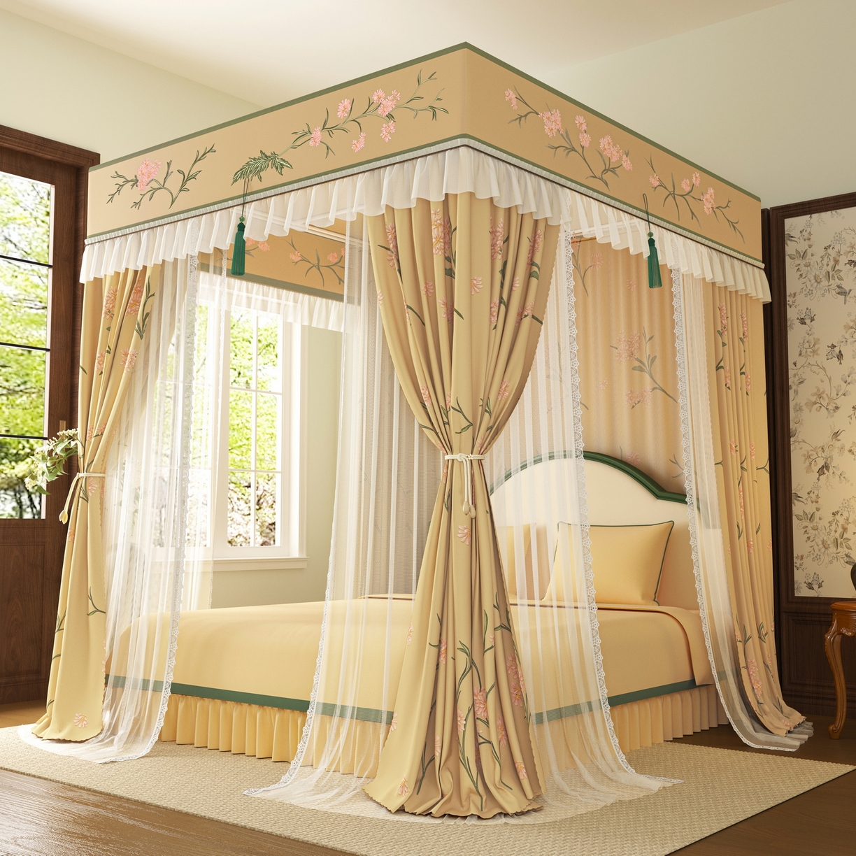 91家纺网 家纺一手货源 找家纺 艾晶美家纺有限公司 2025新款新中风双层双杆5面遮光落地宫廷蚊帐 云纱梦境