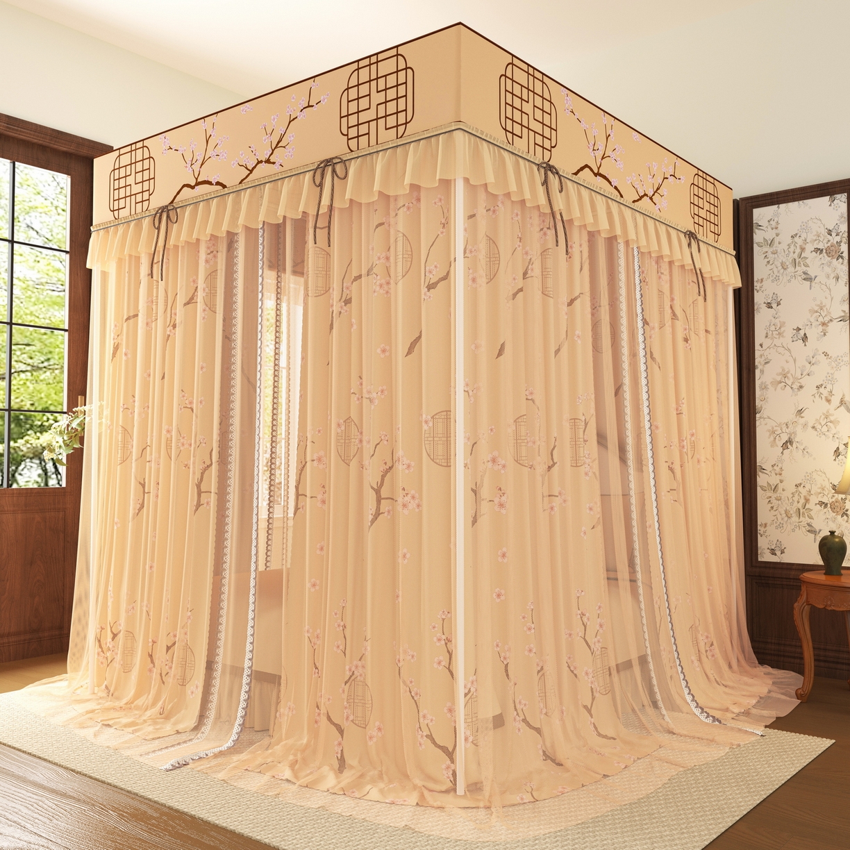 91家纺网 家纺一手货源 找家纺 艾晶美家纺有限公司 2025新款新中风双层双杆5面遮光落地宫廷蚊帐 寒梅映阁