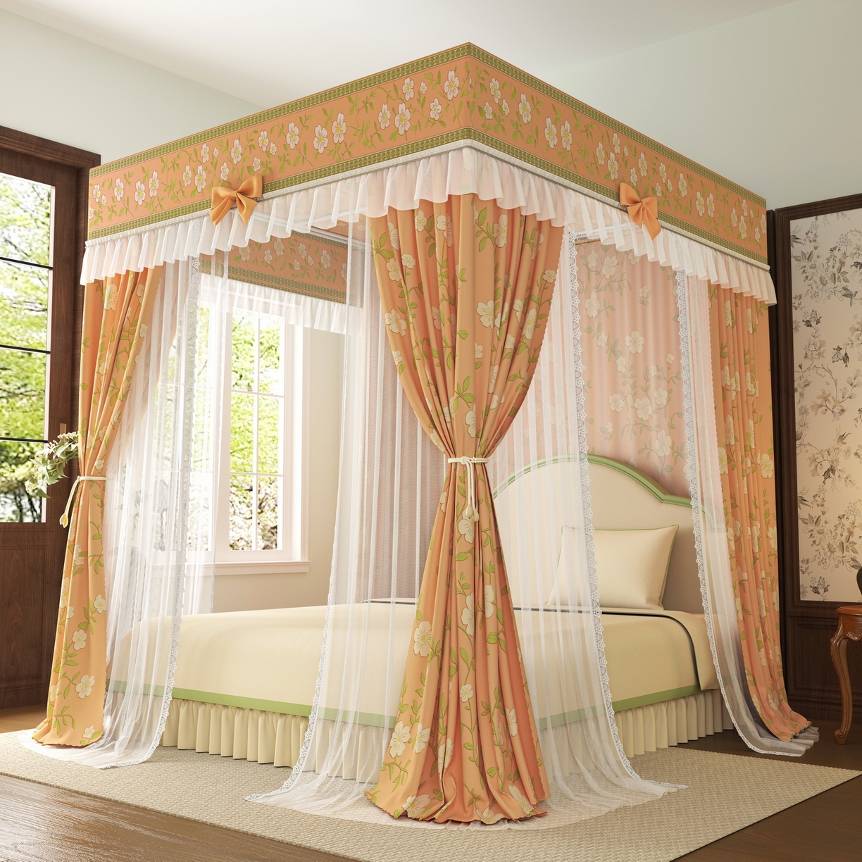 91家纺网 家纺一手货源 找家纺 艾晶美家纺有限公司 2025新款新中风双层双杆5面遮光落地宫廷蚊帐 花簇橘裳
