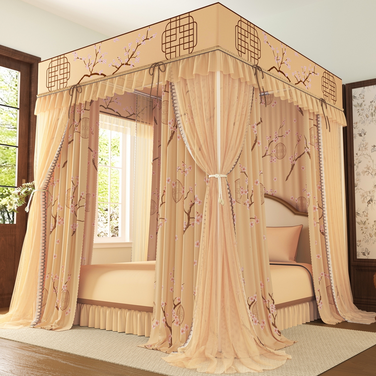 91家纺网 家纺一手货源 找家纺 艾晶美家纺有限公司 2025新款新中风双层双杆5面遮光落地宫廷蚊帐 寒梅映阁