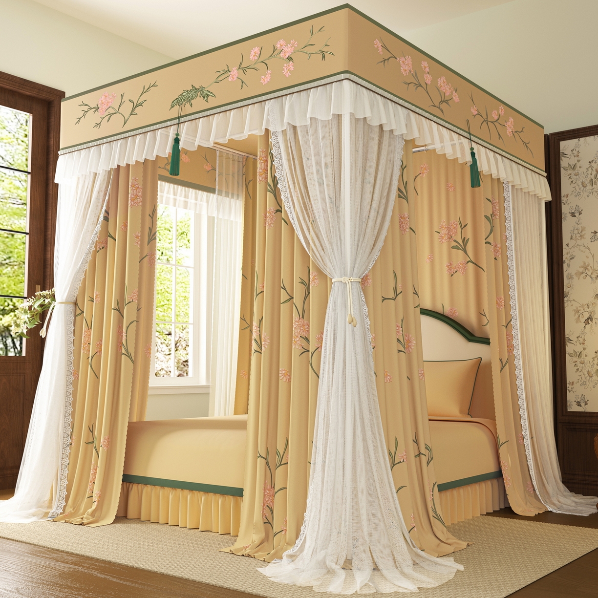 91家纺网 家纺一手货源 找家纺 艾晶美家纺有限公司 2025新款新中风双层双杆5面遮光落地宫廷蚊帐 云纱梦境