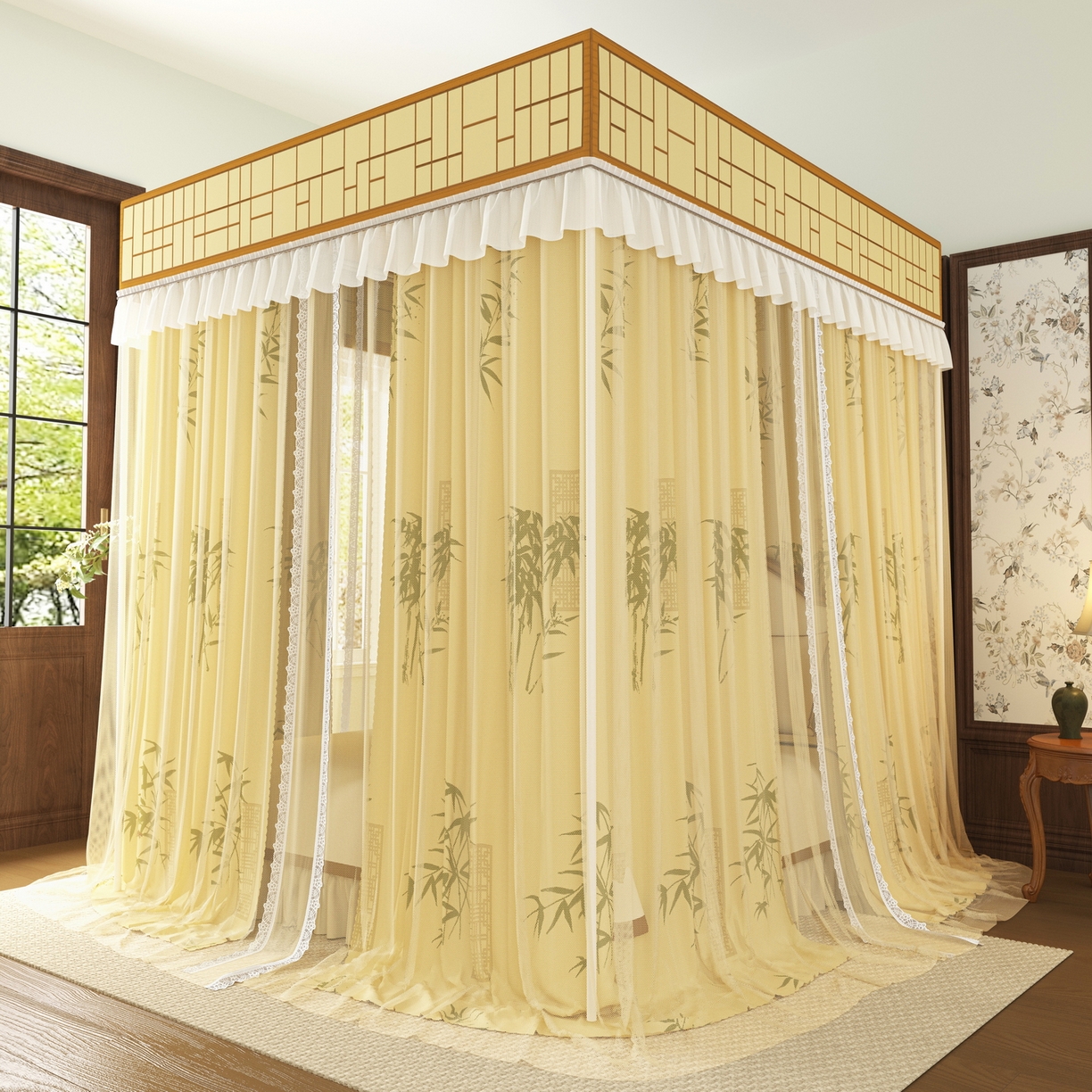 91家纺网 家纺一手货源 找家纺 艾晶美家纺有限公司 2025新款新中风双层双杆5面遮光落地宫廷蚊帐 竹韵绕阁