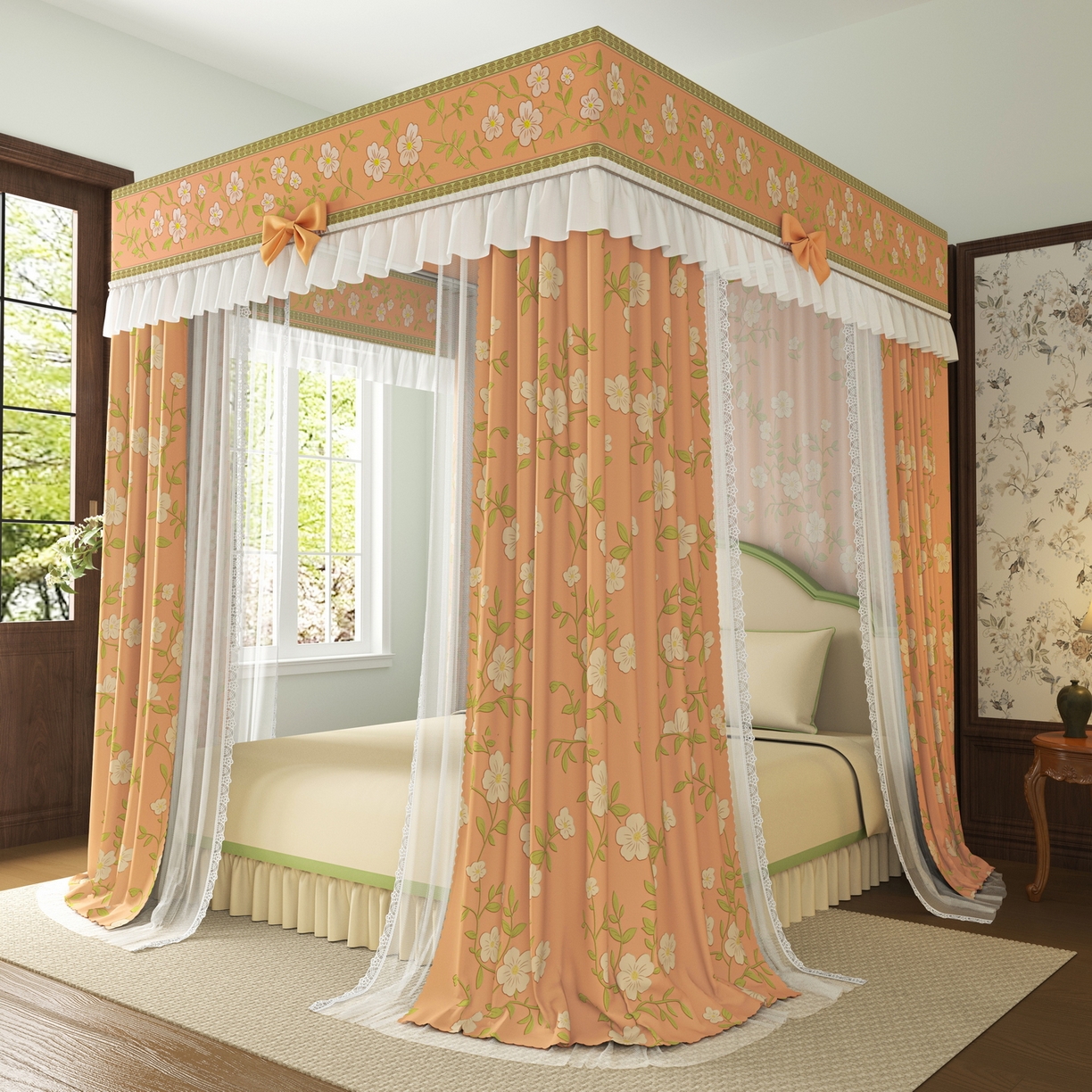 艾晶美家纺有限公司 2025新款新中风双层双杆5面遮光落地宫廷蚊帐 花簇橘裳