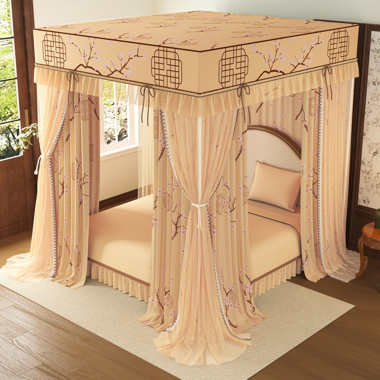 91家纺网 家纺一手货源 找家纺 艾晶美家纺有限公司 2025新款新中风双层双杆5面遮光落地宫廷蚊帐 寒梅映阁