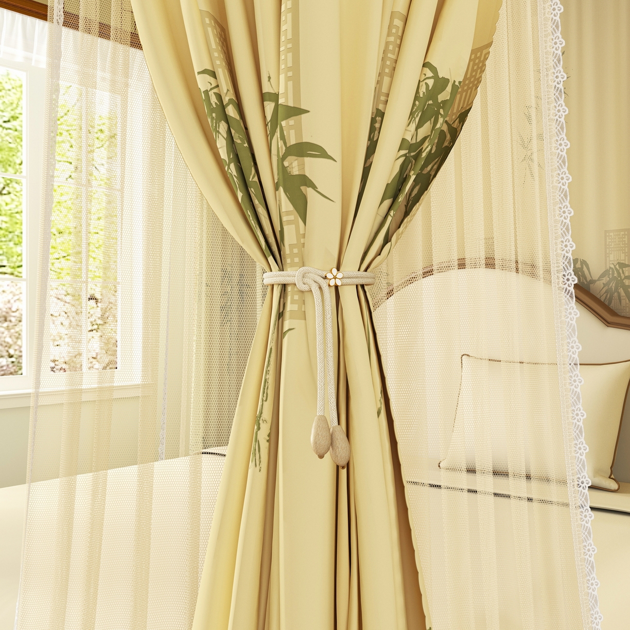 91家纺网 家纺一手货源 找家纺 艾晶美家纺有限公司 2025新款新中风双层双杆5面遮光落地宫廷蚊帐 竹韵绕阁