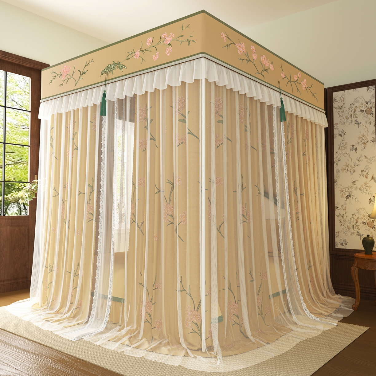 91家纺网 家纺一手货源 找家纺 艾晶美家纺有限公司 2025新款新中风双层双杆5面遮光落地宫廷蚊帐 云纱梦境