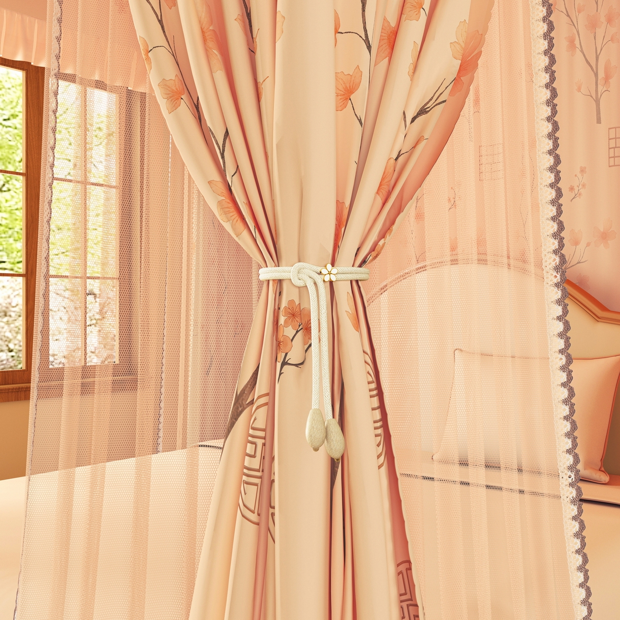 91家纺网 家纺一手货源 找家纺 艾晶美家纺有限公司 2025新款新中风双层双杆5面遮光落地宫廷蚊帐 粉枝花影