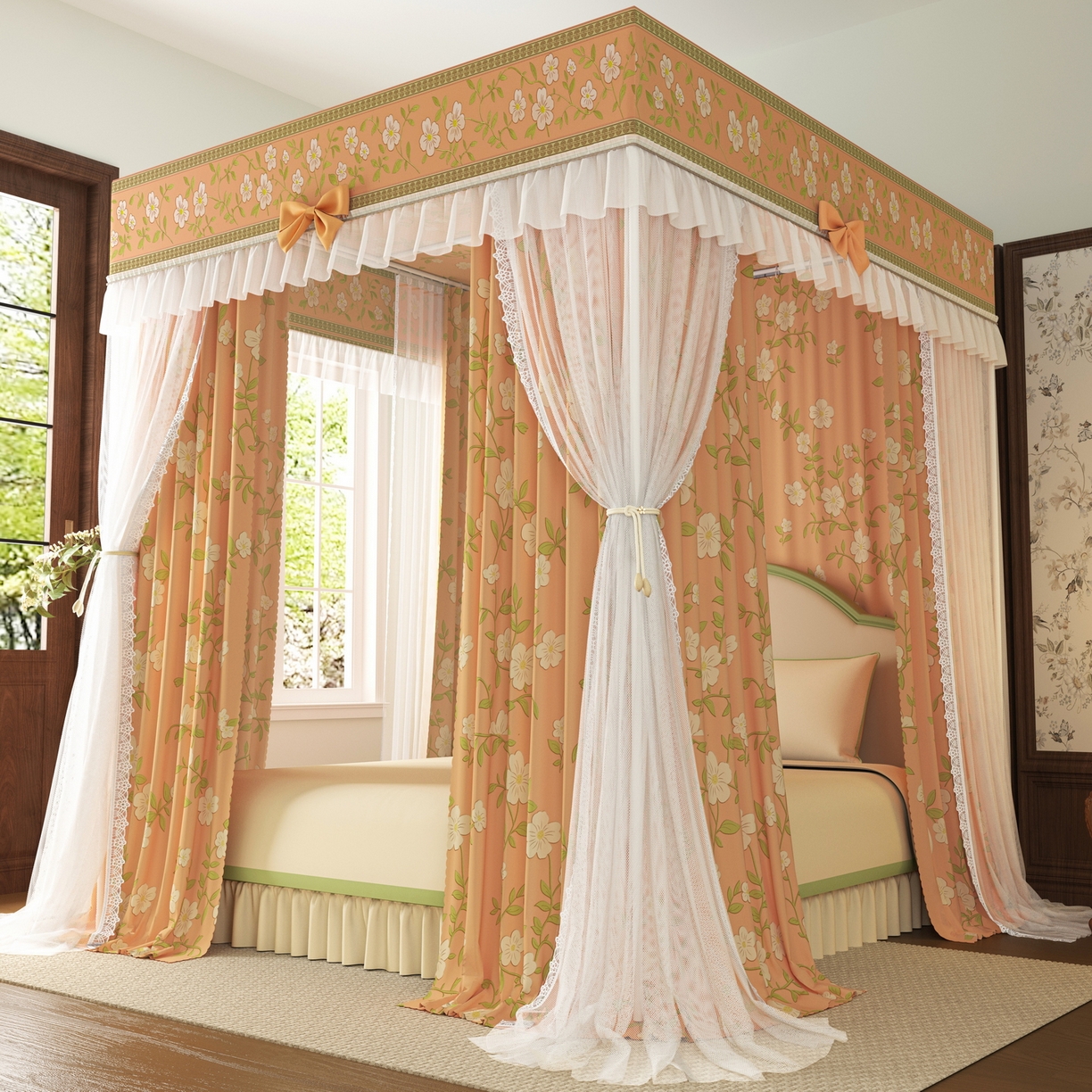 91家纺网 家纺一手货源 找家纺 艾晶美家纺有限公司 2025新款新中风双层双杆5面遮光落地宫廷蚊帐 花簇橘裳