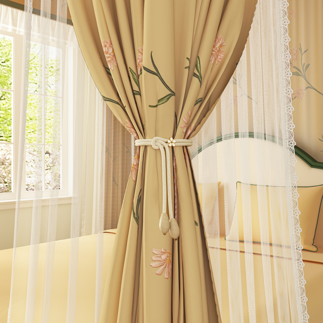 91家纺网 家纺一手货源 找家纺 艾晶美家纺有限公司 2025新款新中风双层双杆5面遮光落地宫廷蚊帐 云纱梦境