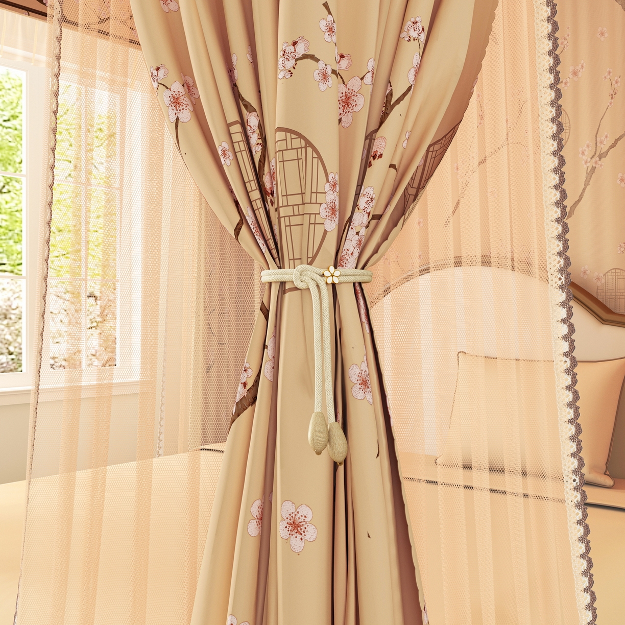 91家纺网 家纺一手货源 找家纺 艾晶美家纺有限公司 2025新款新中风双层双杆5面遮光落地宫廷蚊帐 寒梅映阁